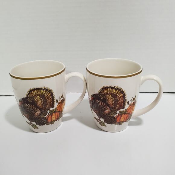 Pottery Barn Heritage Turkey Mugs Set of 2 Thanksgiving Coffee Stoneware Harvest - Picture 4 of 15